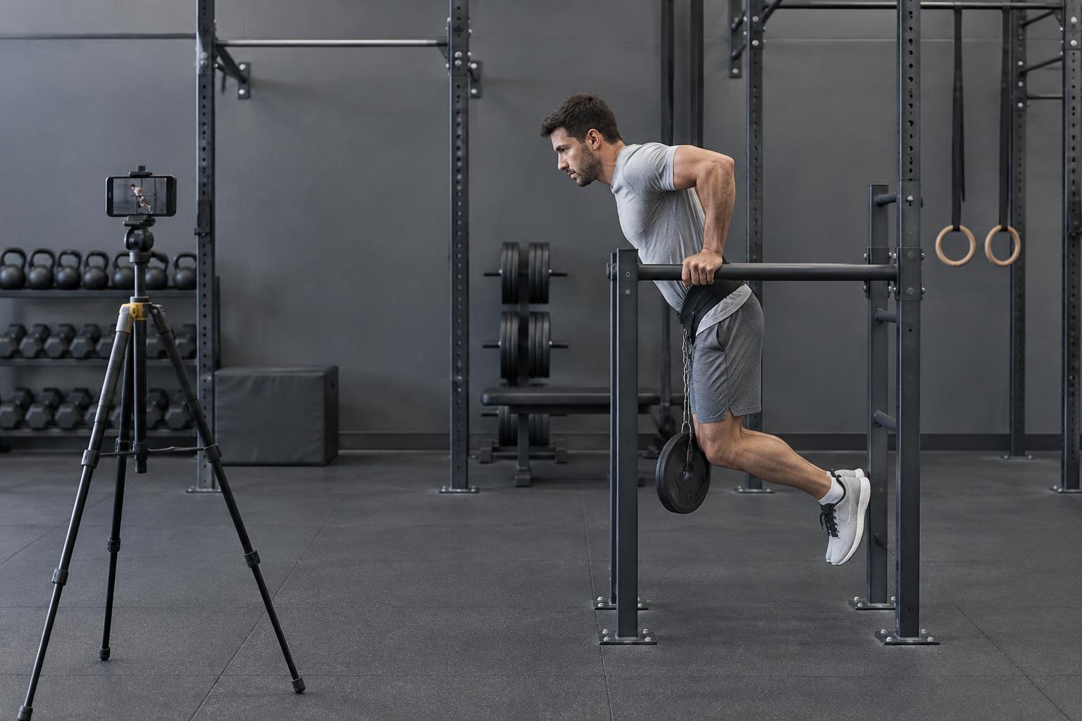 Side-on filming setup with a tripod and a full-body weighted dip athlete; illustration of camera placement, not a judged rep.